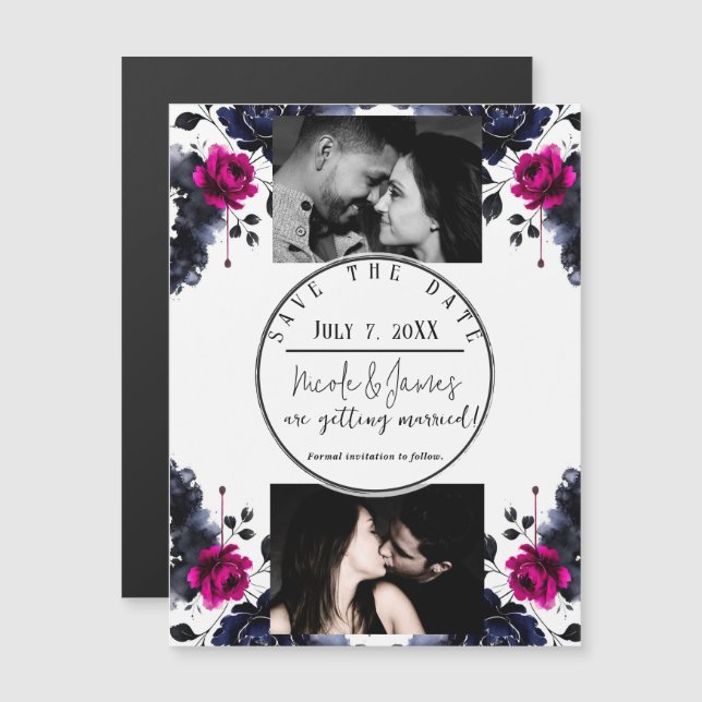 Magenta Pink Blue Inky Floral Watercolor Save Date (Front/Back)