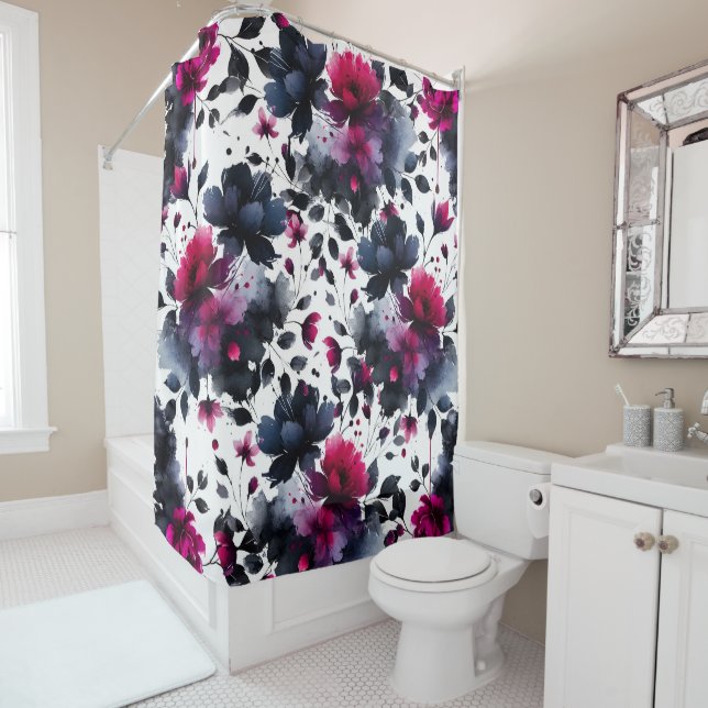 Magenta Pink & Blue Inky Floral Watercolor Shower Curtain (In Situ)