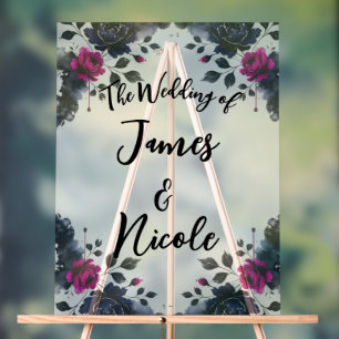 Magenta Pink & Blue Inky Floral Watercolor Wedding Acrylic Sign