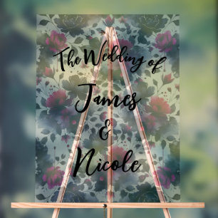 Magenta Pink & Blue Inky Floral Watercolor Wedding Acrylic Sign