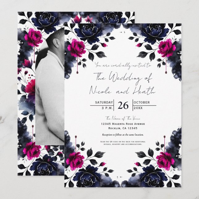 Magenta Pink & Blue Inky Floral Watercolor Wedding Invitation (Front/Back)