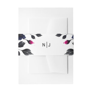 Magenta Pink & Blue Inky Floral Watercolor Wedding Invitation Belly Band