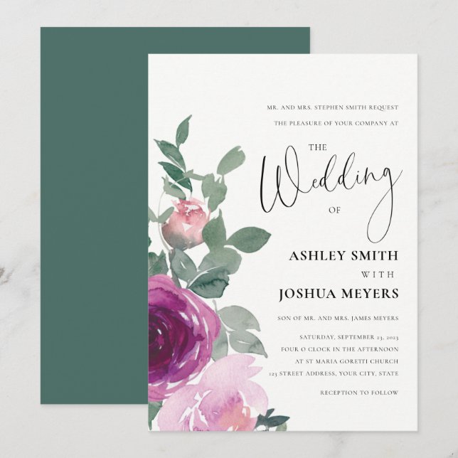 Magenta Pink Blush Floral Roses Ivory Wedding Invitation (Front/Back)