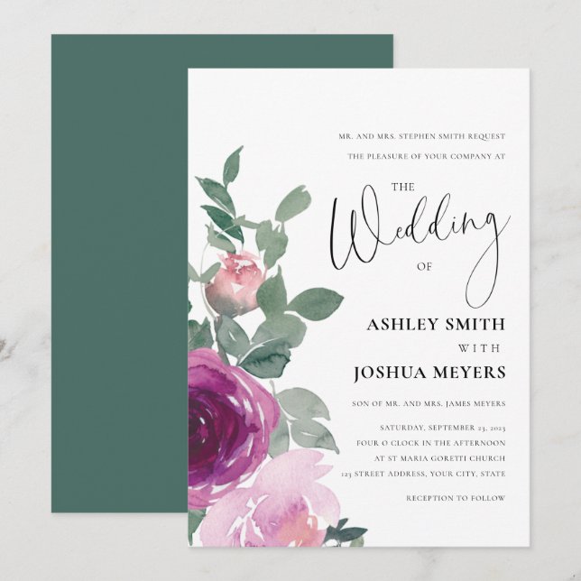 Magenta Pink Blush Pink Floral Roses Wedding Invitation (Front/Back)
