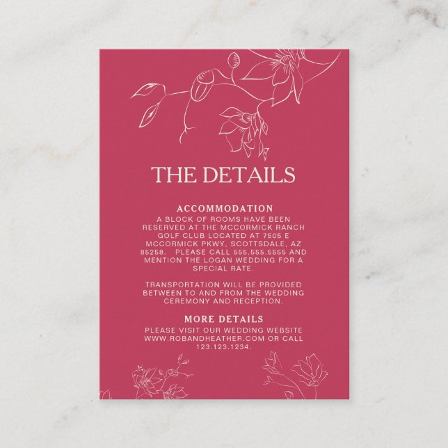 Magenta Pink Boho Floral Botanical Wedding Detail Enclosure Card (Front)