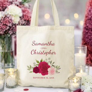 Magenta Pink Boho Roses Couple's Names Wedding Tote Bag