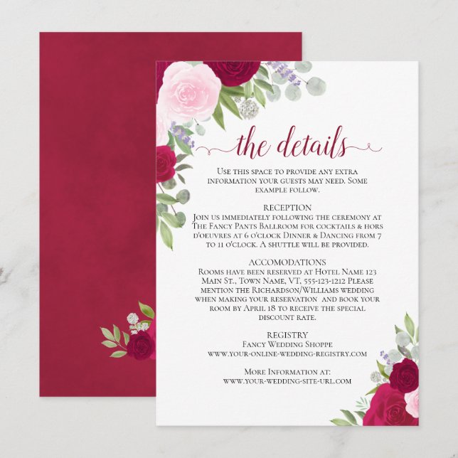 Magenta & Pink Boho Roses Rustic Wedding Details Enclosure Card (Front/Back)
