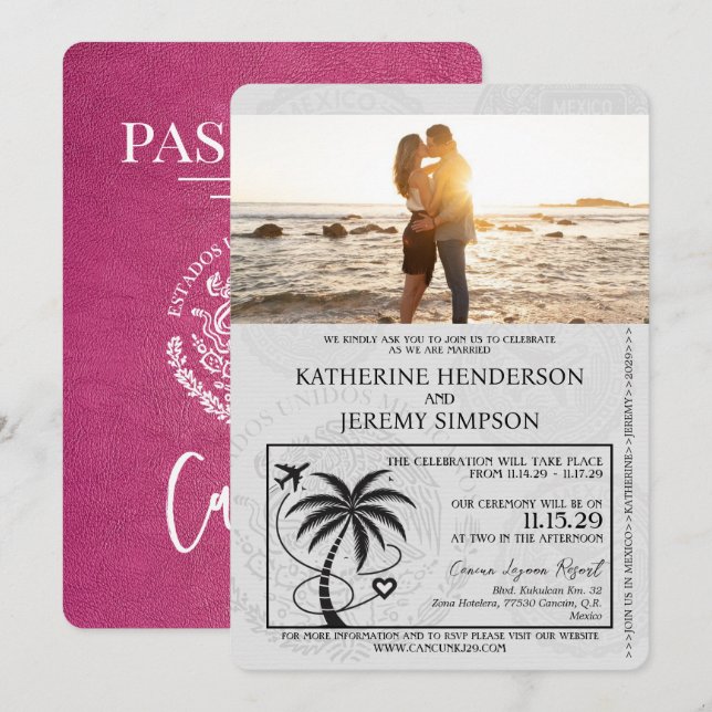 Magenta Pink Cancun Passport Wedding Invitation (Front/Back)