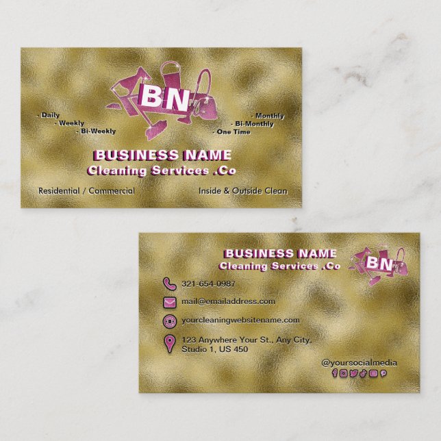 Magenta Pink Cleaning Service Logo Shiny Gold Foil Business Card (Front/Back)