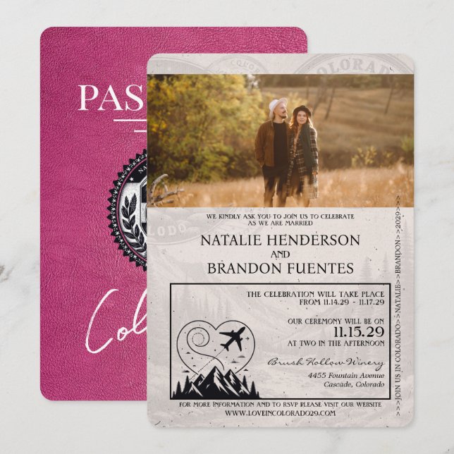 Magenta Pink Colorado Passport Wedding Invitation (Front/Back)