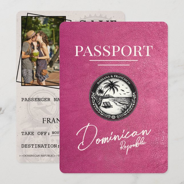 Magenta Pink Dominican Republic Passport Save The Date (Front/Back)