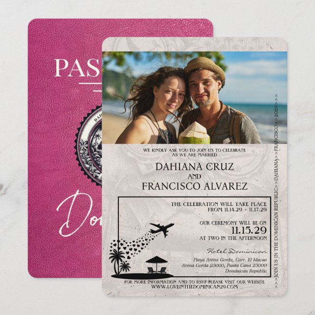 Magenta Pink Dominican Republic Passport Wedding Invitation (Front/Back)
