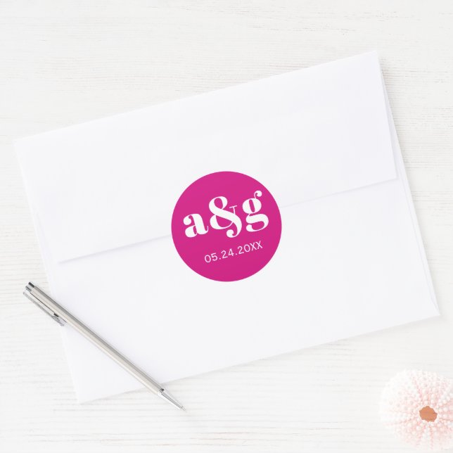 Magenta pink elegant monogram wedding classic round sticker (Envelope)