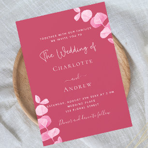 Magenta pink eucalyptus wedding invitation postcard