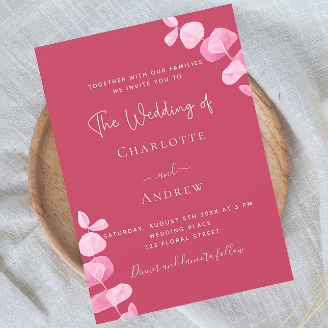 Magenta pink eucalyptus wedding invitation postcard (Creator Uploaded)