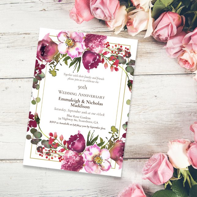 Magenta Pink Floral 50th Wedding Anniversary Invitation (Creator Uploaded)