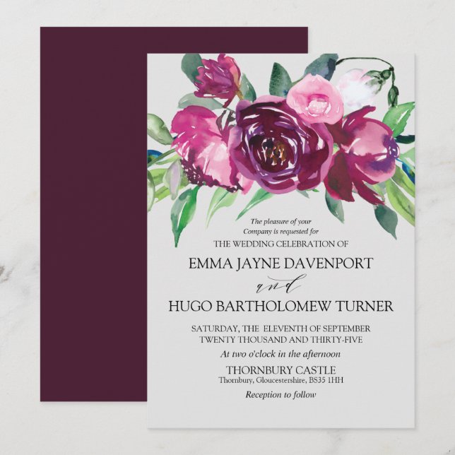 Magenta & pink floral dove grey Wedding Invitation (Front/Back)