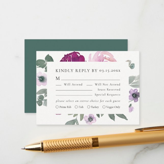 Magenta Pink Floral Ivory RSVP Enclosure Card (Front/Back In Situ)