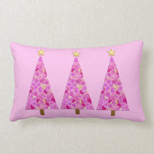 Magenta pink floral modern Christmas trees Lumbar Cushion