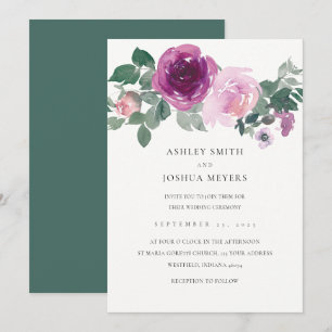 Magenta Pink Floral Pearl White Leaf Green Wedding Invitation