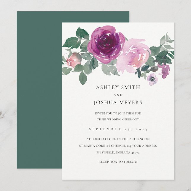 Magenta Pink Floral Pearl White Leaf Green Wedding Invitation (Front/Back)