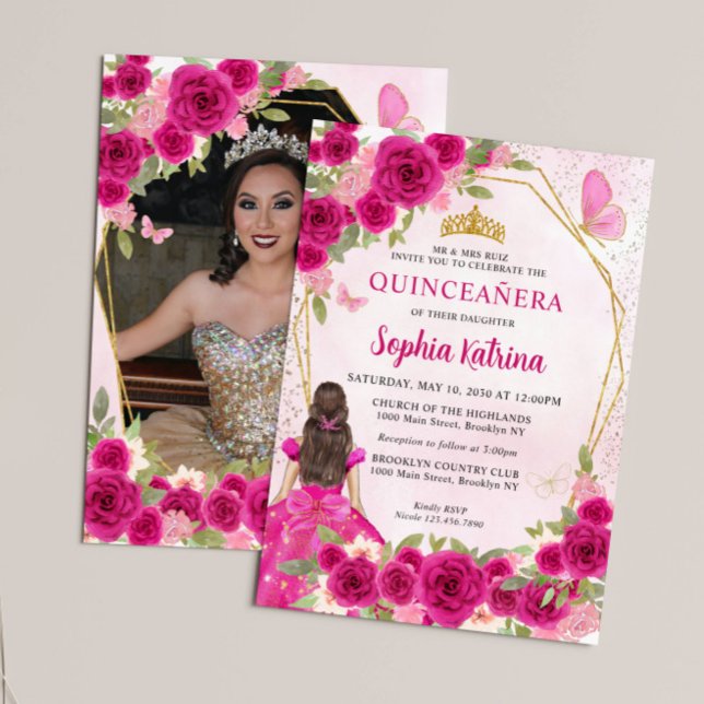 Magenta Pink Floral Princess Quinceañera Photo Invitation (Creator Uploaded)