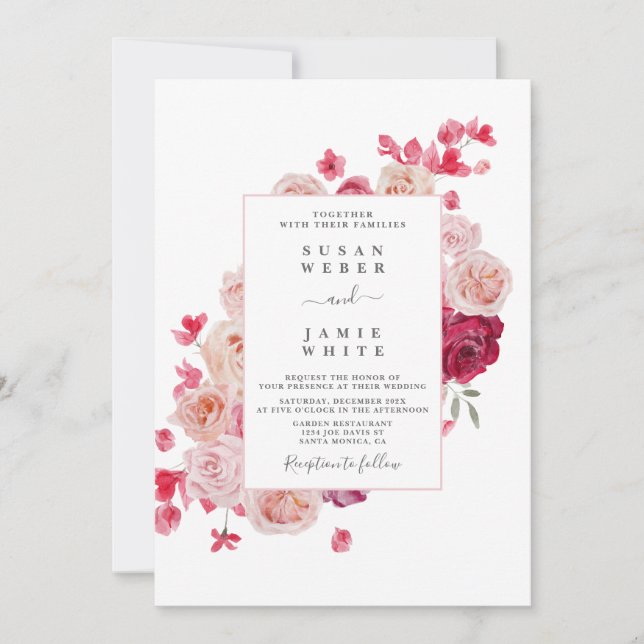Magenta Pink Floral wedding Invitation (Front)