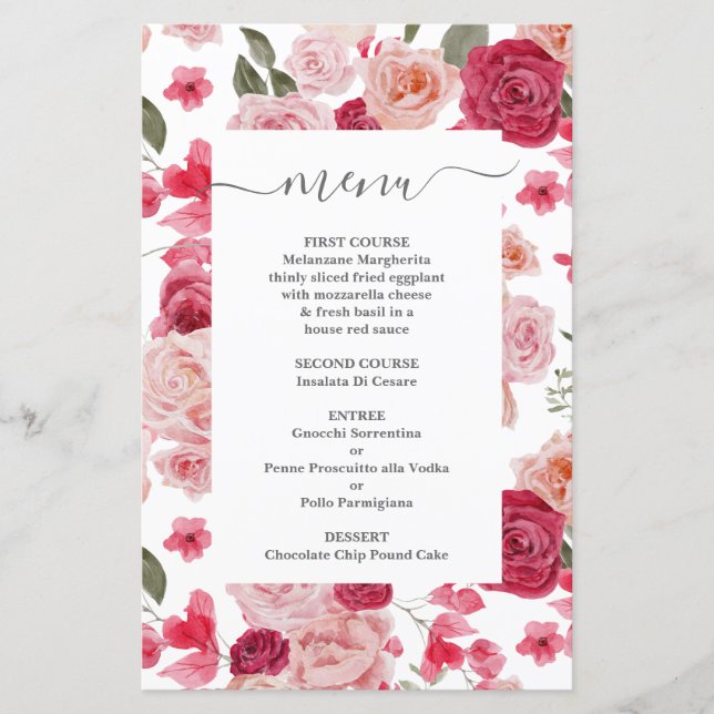 Magenta Pink Floral Wedding Menu Card (Front)