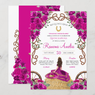 Magenta Pink Floral Western Charro Quinceanera Invitation