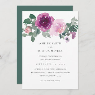 Magenta Pink Floral White Leaf Green Wedding Invitation