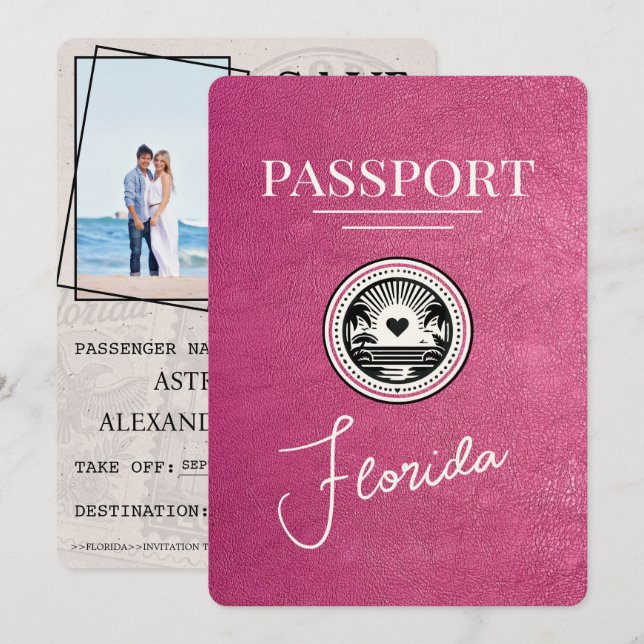Magenta Pink Florida Passport Save The Date (Front/Back)