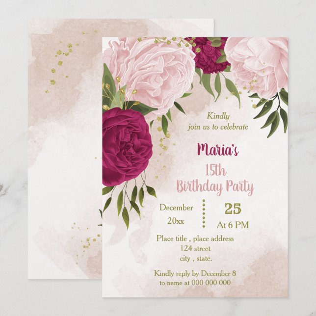 magenta pink flowers green leaves birthday invitation (Front/Back)