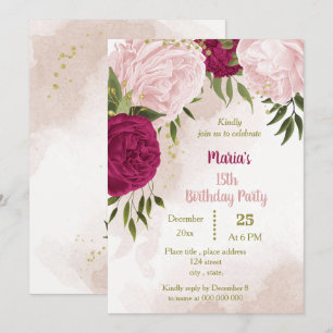 magenta pink flowers green leaves birthday invitation