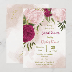 magenta pink flowers green leaves bridal shower invitation