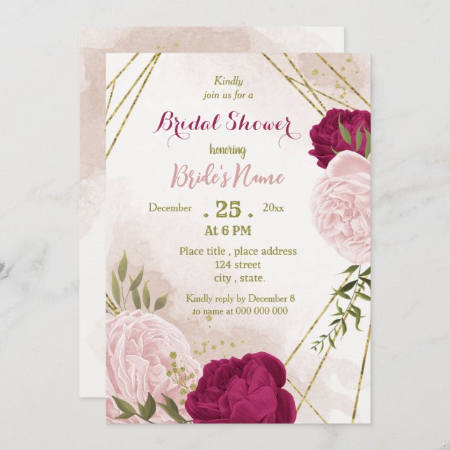 magenta pink flowers green leaves bridal shower invitation (Front/Back)