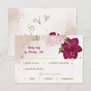 magenta pink flowers green leaves RSVP card