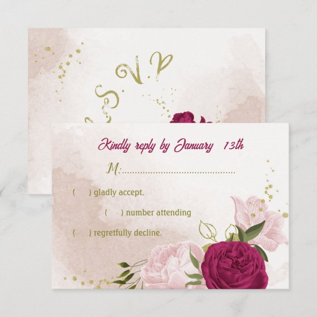 magenta pink flowers green leaves RSVP card (Front/Back)