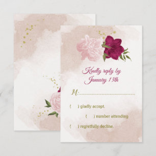 magenta pink flowers green leaves RSVP card