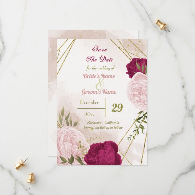 magenta pink flowers green leaves save the date (Front/Back In Situ)
