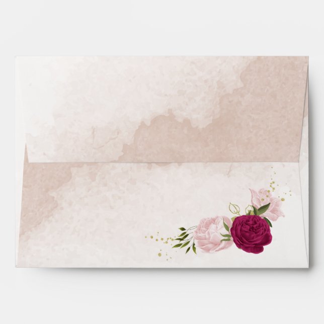 magenta pink flowers green leaves wedding envelope (Back (Top Flap))
