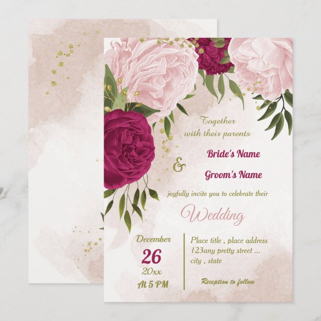 magenta pink flowers green leaves wedding invitation (Front/Back)