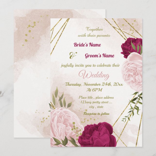 magenta pink flowers green leaves wedding invitation (Front/Back)