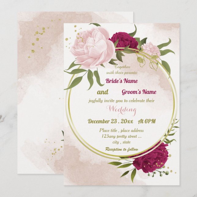 magenta pink flowers green leaves wedding invitation (Front/Back)