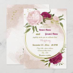 magenta pink flowers green leaves wedding invitation