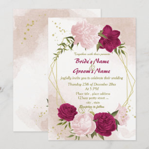 magenta pink flowers green leaves wedding invitation