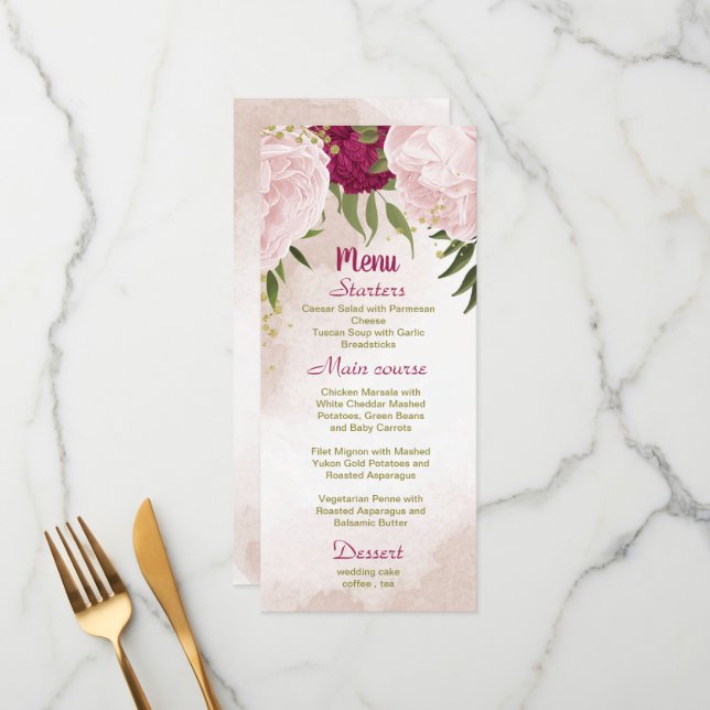 magenta pink flowers green leaves wedding menu (Front/Back In Situ)