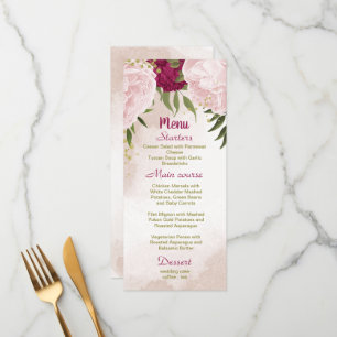 magenta pink flowers green leaves wedding menu