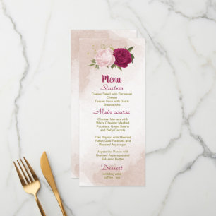 magenta pink flowers green leaves wedding menu