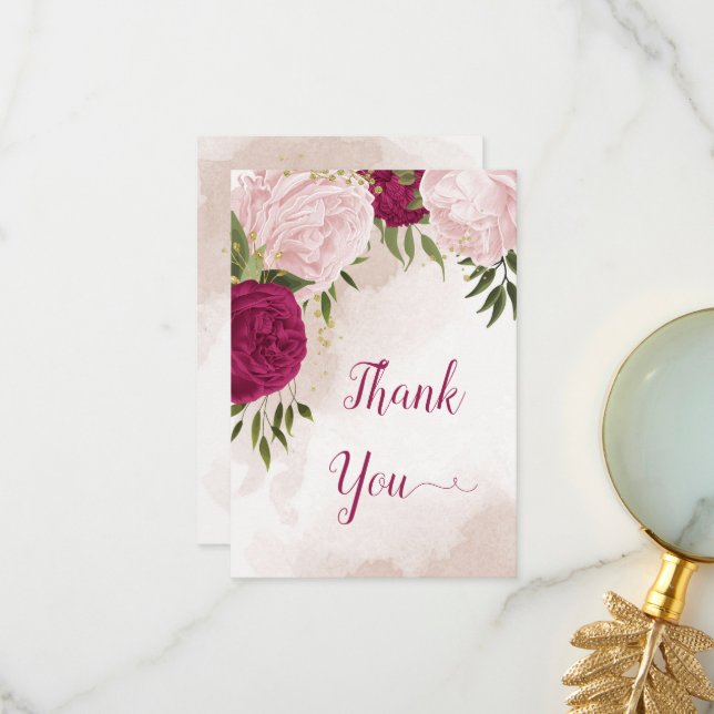 magenta pink flowers green leaves wedding thank you card (Front/Back In Situ)