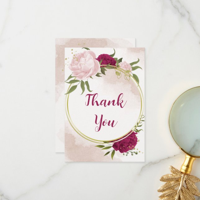 magenta pink flowers green leaves wedding thank you card (Front/Back In Situ)